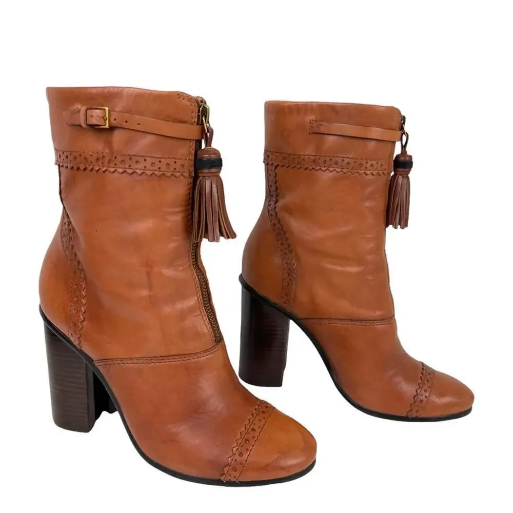 TORY BURCH Womens Size 8 Huxley Brown Leather Ankle Boots Tassel Zipper Shoes